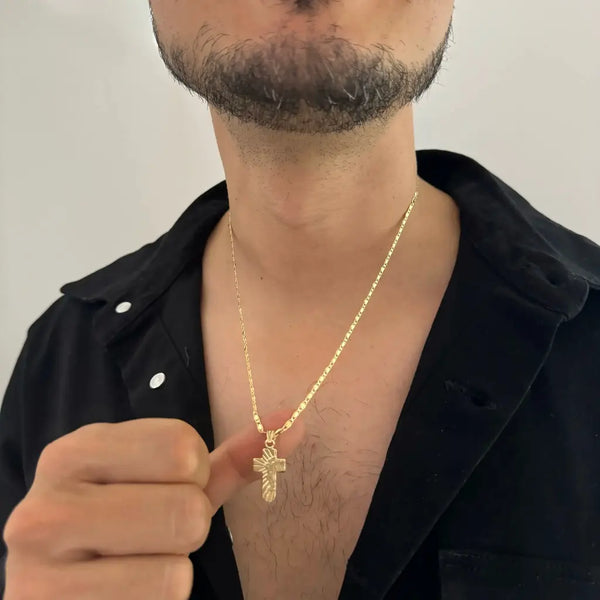 Cadena De Caballero De Tejido Caracol + Dije De Cruz