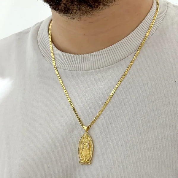 Cadena De Caballero De Tejido Cartier Plana De 60cm-3mm De Grosor Con Dije De La Virgen De Guadalupe + Envío Gratis