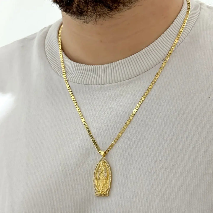 Cadena De Caballero De Tejido Cartier Plana De 60cm-3mm De Grosor Con Dije De La Virgen De Guadalupe + Envío Gratis