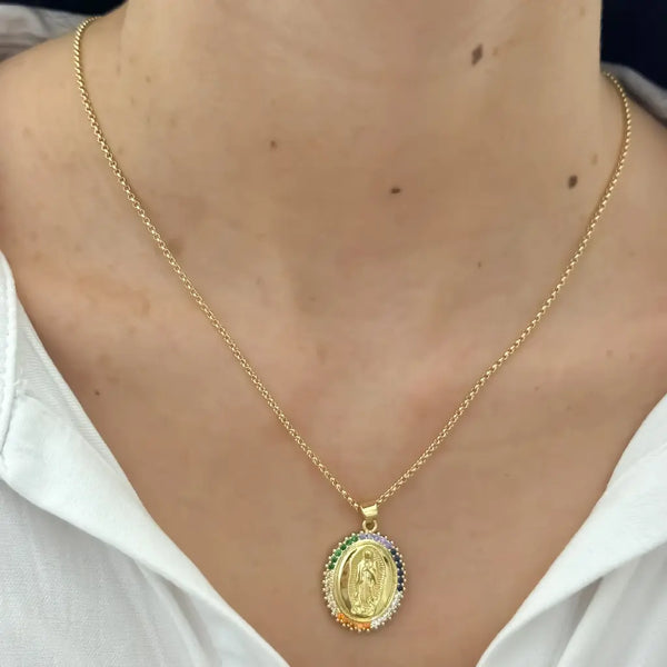 Cadena De Dama De Tejido Aros Con Dije De Guadalupe De Colores