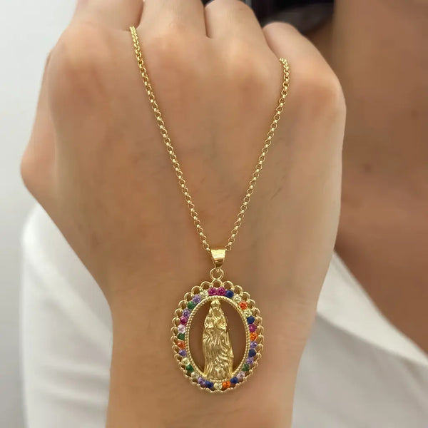 Cadena De Dama De Tejido Aros De 50cm-1mm De Grosor Con Dije De La Virgen De Guadalupe Con Cristales De Colores