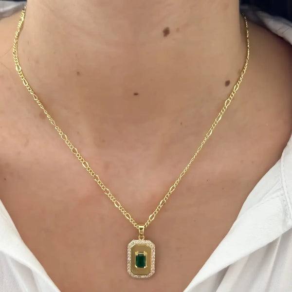 Cadena De Dama De Tejido Cartier Fina De 50cm-2mm De Grosor Con Dije De Placa Con Cristal Verde