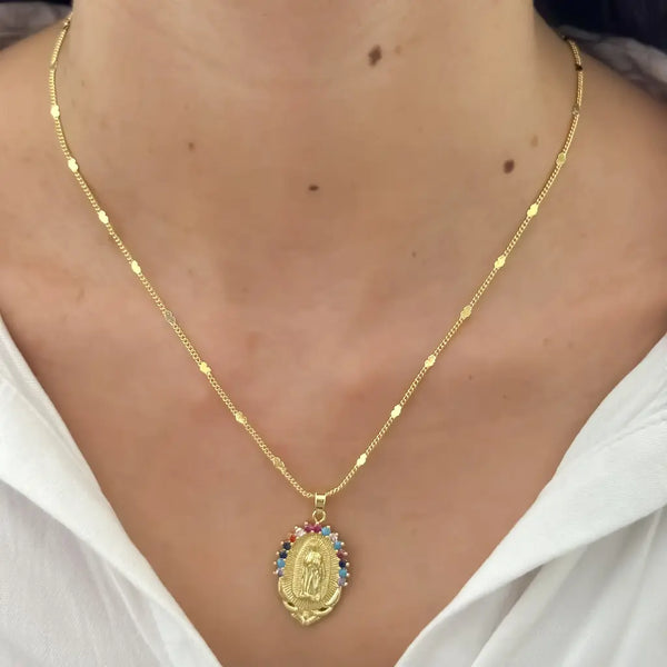 Cadena De Dama De Tejido Cubana Con Corazones De 50cm-2mm De Grosor Con Dije De Guadalupe Con Cristales De Colores