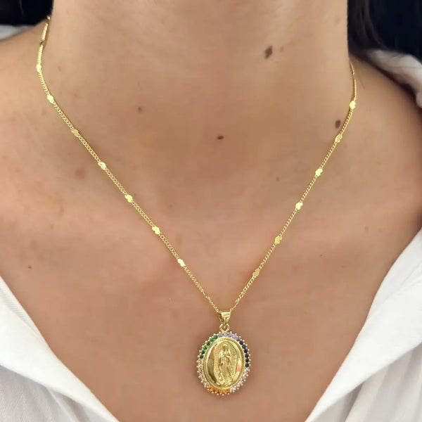 Cadena De Dama De Tejido Cubana Con Corazones Y Dije De Guadalupe Con Colores