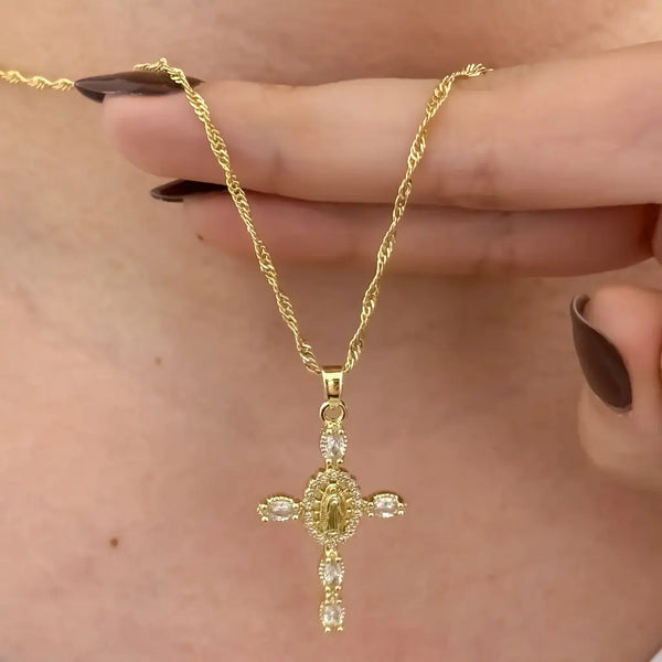 Cadena De Dama De Tejido Singapur De 50cm-2mm De Grosor Con Dije De Cruz Cristal De La Virgen De Guadalupe