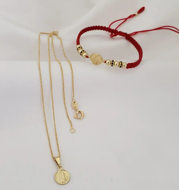 Conjunto Con Cadena De Tejido Rolón Y Dije De La Virgen De Guadalupe + Manilla Con Herraje De La Virgen Milagrosa