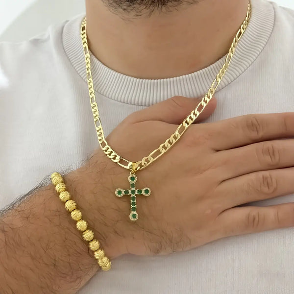 Conjunto De Caballero Con Cadena De Tejido Cartier, Cruz Verde Y Manilla De Balin Diamantado + Envío Gratis