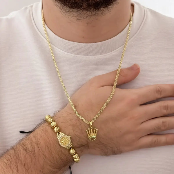 Conjunto De Caballero Con Cadena De Tejido Chino, Dije De Corona Rolex Y Manilla Rolex