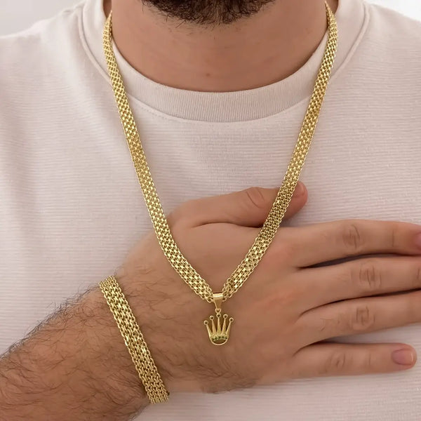 Conjunto De Caballero De Tejido Chino Grueso Con Cadena, Esclava Y Dije De Corona Rolex Verde