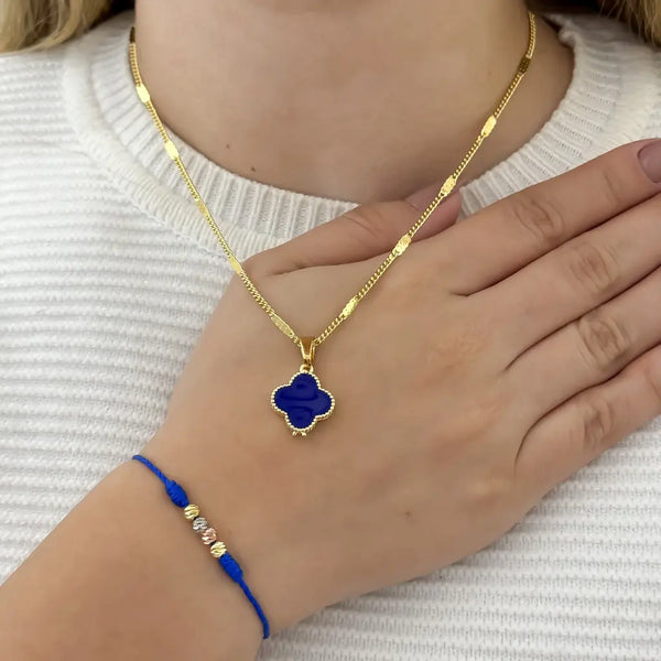 Conjunto De Dama Con Cadena De Tejido Cubana Con Destellos, Dije De Trébol Azul Y Manilla + Envío Gratis