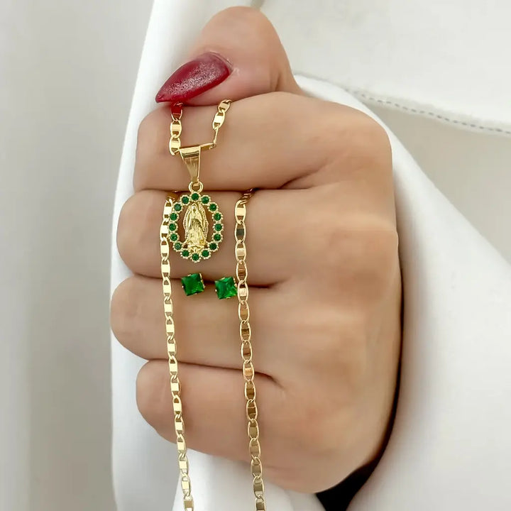 Conjunto De Dama Con Cadena De Tejido Escalera, Dije De La Virgen De Guadalupe y Topos Verdes + Envío Gratis