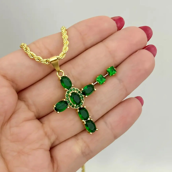 Conjunto De Dama Con Cadena De Tejido Lazo Y Dije De Cruz Verde Y Topos + Envío Gratis