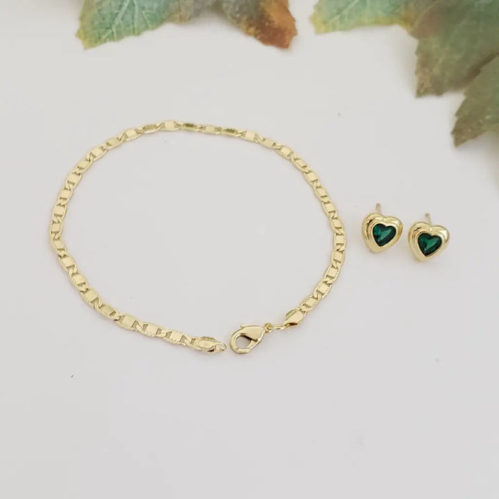 Conjunto De Dama Con Esclava Tejido Escalera Y Par De Topos De Corazón Verde