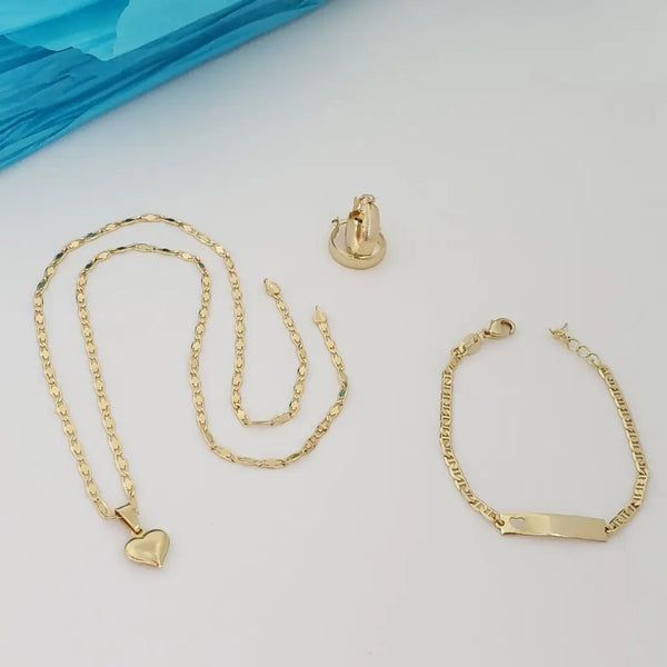 Conjunto Para Niñas Con Cadena De Tejido Caracol y Dije De Corazón + Esclava De Tejido Escalera + Candongas De 12mm + Envío Gratis