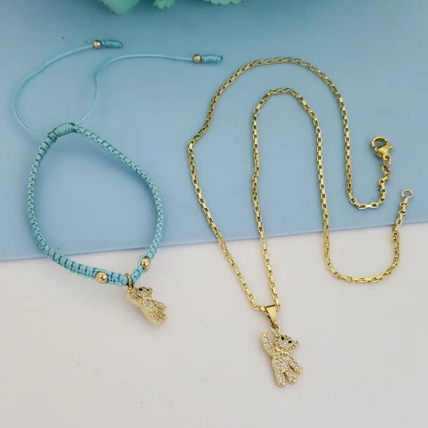 Conjunto Para Niños Con Cadena De Tejido Veneciano Y Dije De Oso + Manilla De Tejido Macramé Con Dije De Oso