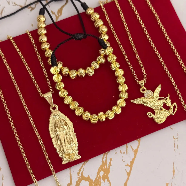 Conjuntos Para Parejas Con Cadenas De Tejido Aros, Dijes De La Virgen De Guadalupe Y San Miguel Y Manillas De Balines Italianos