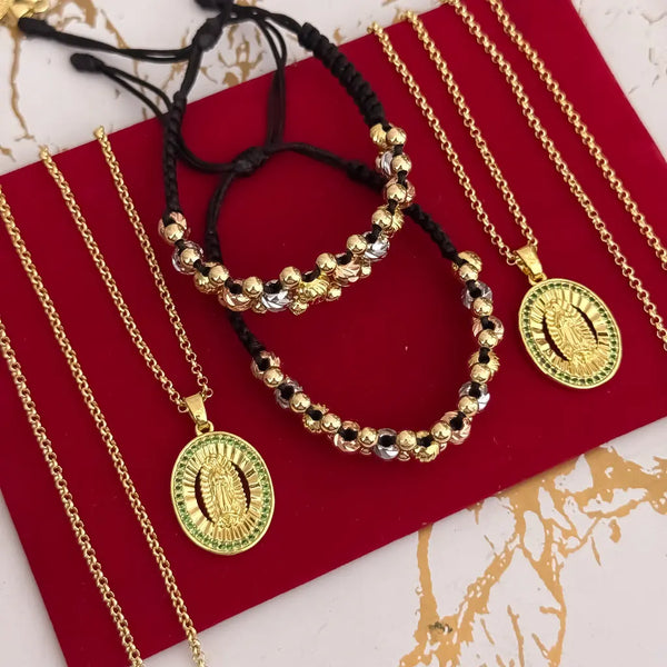 Conjuntos Para Parejas Con Cadenas Tejido Chino, Dijes De La Virgen De Guadalupe Y Manillas De Balines Tres Oros De Tres Carriles