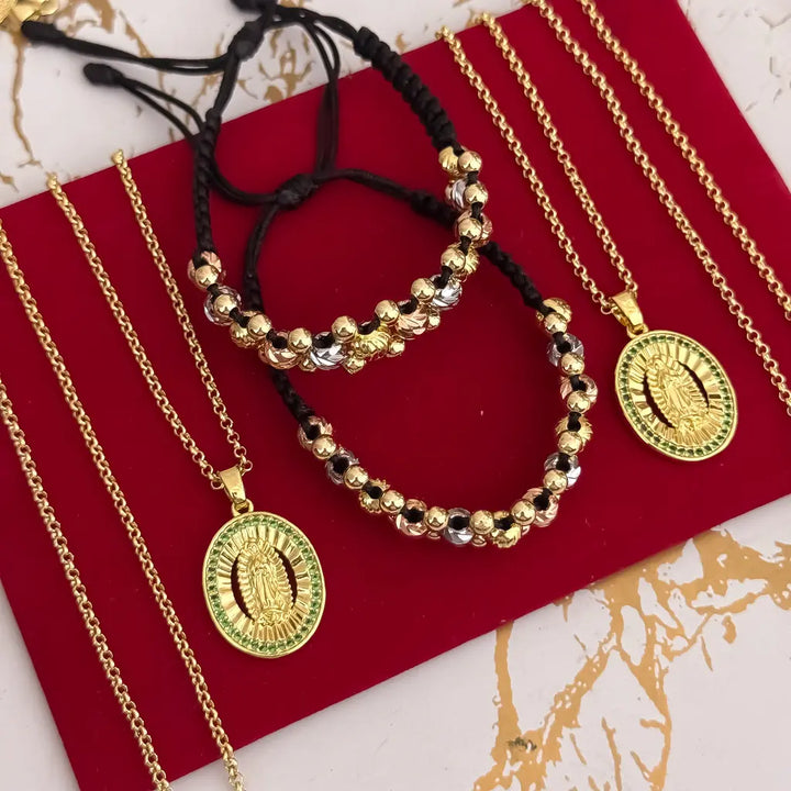 Conjuntos Para Parejas Con Cadenas Tejido Chino, Dijes De La Virgen De Guadalupe Y Manillas De Balines Tres Oros De Tres Carriles